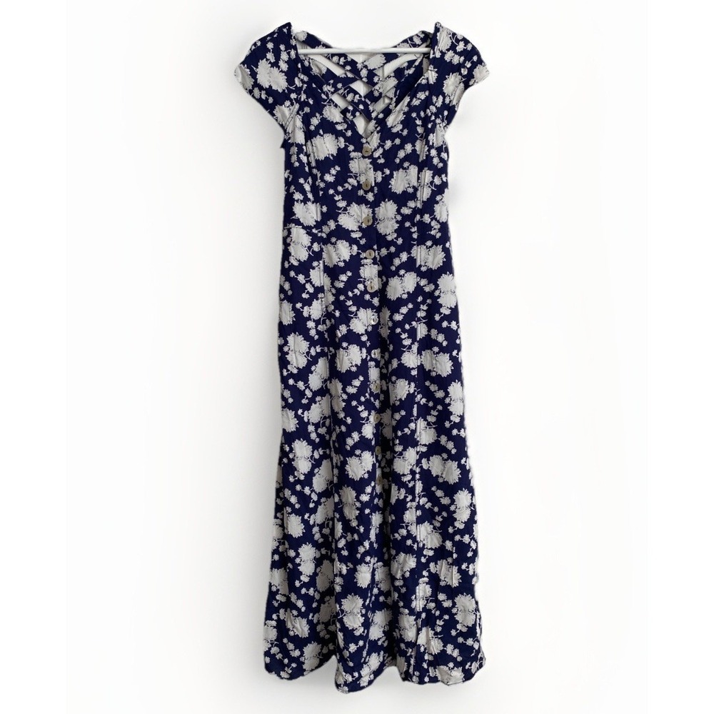 Anthropologie MAEVE Tate Dress Navy White Floral Lattice Boho Cottagecore Midi 6